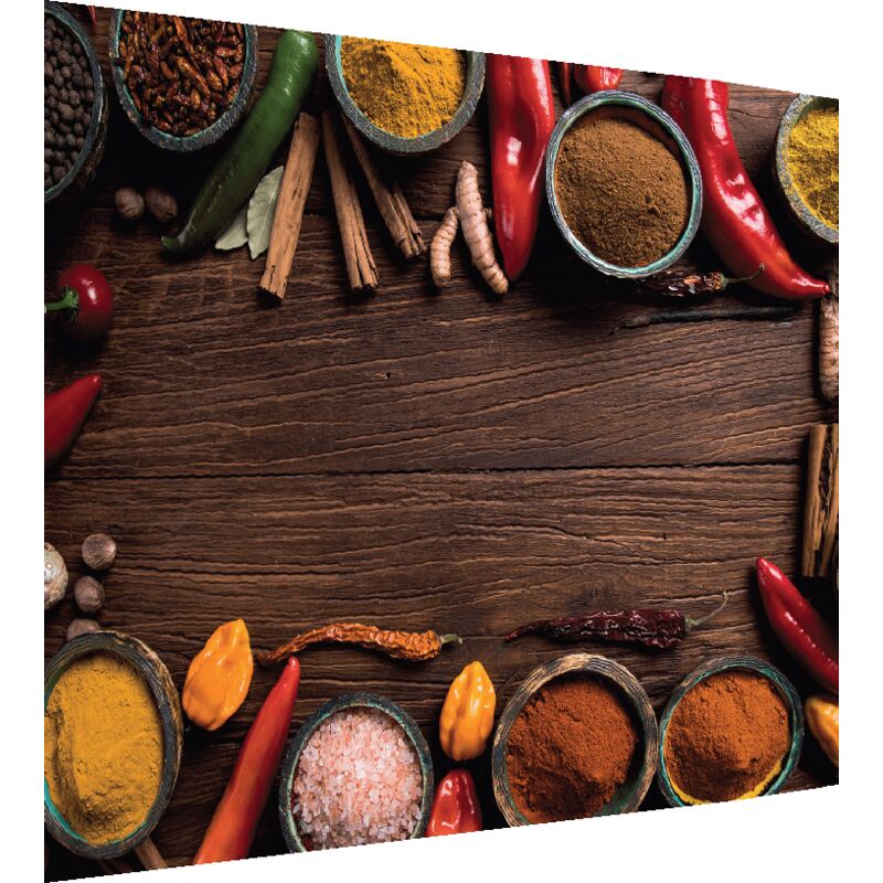 Crédence Fond de Hotte en Verre Trempé 60x65cm avec Motif Épices Orient Bois