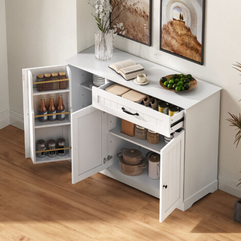 Credenza 107x40x83cm, Madia con 3 ante e 1 cassetto, MDF Bianco per ingresso e sale da pranzo