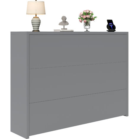 Credenza 115x27x93 cm, con Scrivania Pieghevole, Caricabatterie Wireless e Ruote, con Ripiano,Truciolare, Grigio, per Soggiorno
