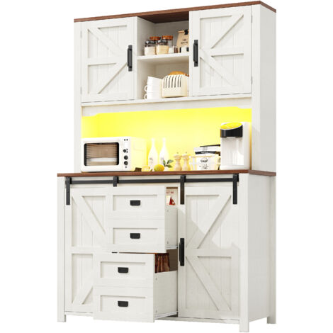 Credenza 115x40x174,7 cm, LED Sincronizzabile con Musica, Ante Scorrevoli, Cassetti Capienti, MDF e Metallo Bianco, per Soggiorno