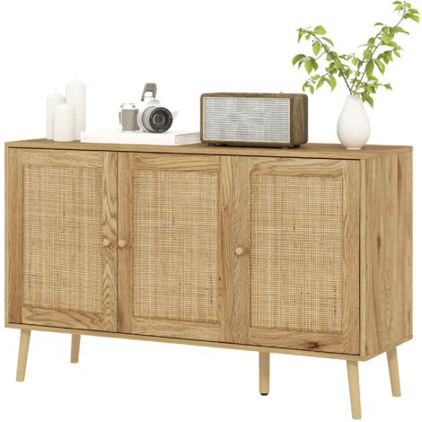 Credenza 120×40×75 cm con ante in rattan e ripiano regolabile, legno naturale