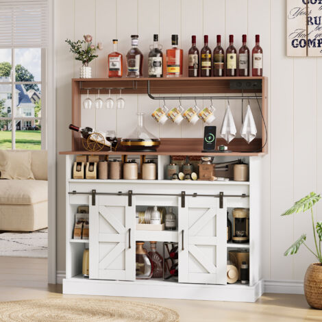 Credenza 120x40x130cm Capacità di stoccaggio prese 2AC 2USB portabicchieri ganci regolabili porte rinforzate pannelli MDF bianco e naturale
