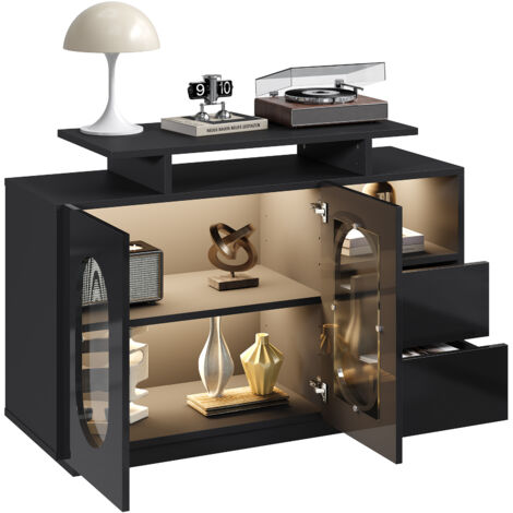 Credenza 120x40x80 cm, Illuminazione d'Ambiente con Vetrina, Organizzazione Flessibile, Ante Ovali, MDF, Nero, per Soggiorno