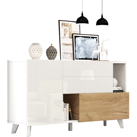 Credenza 130x40x70cm, 2 cassetti anta pieghevole ripiani regolabili, carico 30kg, ,MDF, Bianco, per sala da pranzo