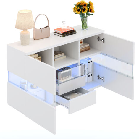 Credenza 140x35x75 cm, Design Sospeso a Doppio Piano, 4 Ante e 2 Cassetti, in Legno, Bianco, per Soggiorno