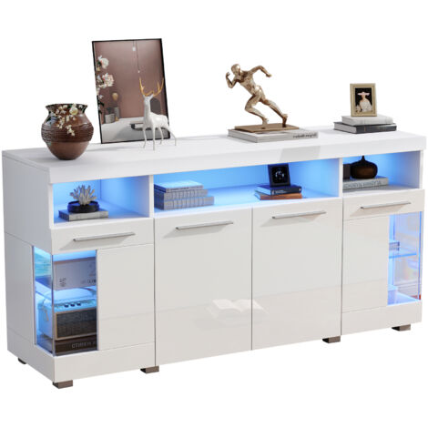 Credenza 140x40x70 cm, Vetro Trasparente Lucido, Telecomando LED, 3 Cassetti e 6 Ripiani, MDF, Bianco, per Soggiorno e cucina