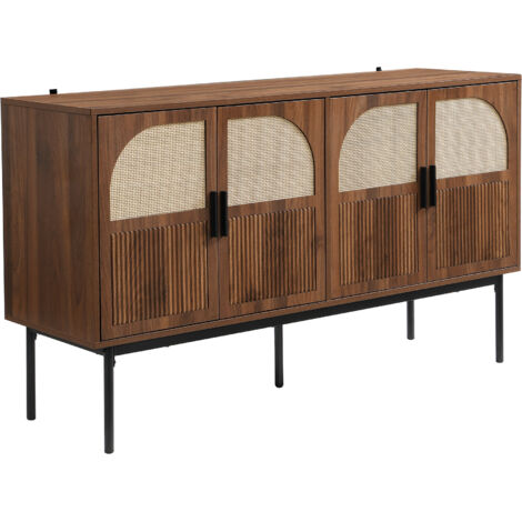 Credenza 140x40x80cm Design rattan e venatura noce MDF Chiusura ammortizzata Gambe in acciaio Naturale