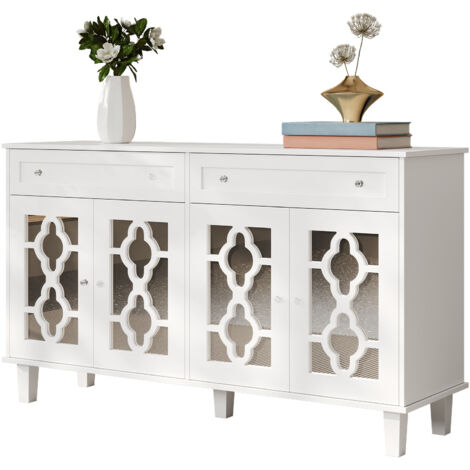 Credenza 140x40x83 cm, Ante Specchio, Ripiani Regolabili, 2 Cassetti, Design Moderno, MDF, Bianco