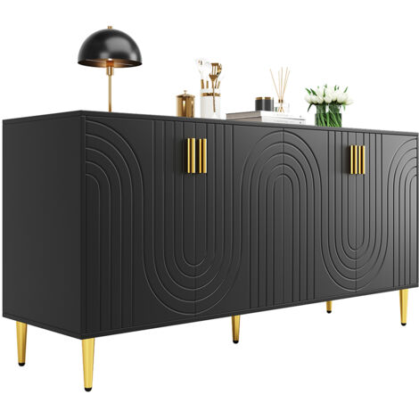 Credenza (152 x 40 x 75 cm), design unico a forma di onda, maniglie e piedi in oro - Nero