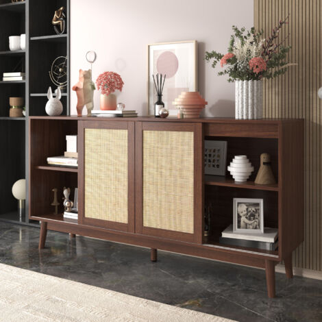 Credenza 155x38x80cm con 2 cassetti e 3 ante scorrevoli, cassettiera, mobiletto multiuso, legno e MDF，colore noce