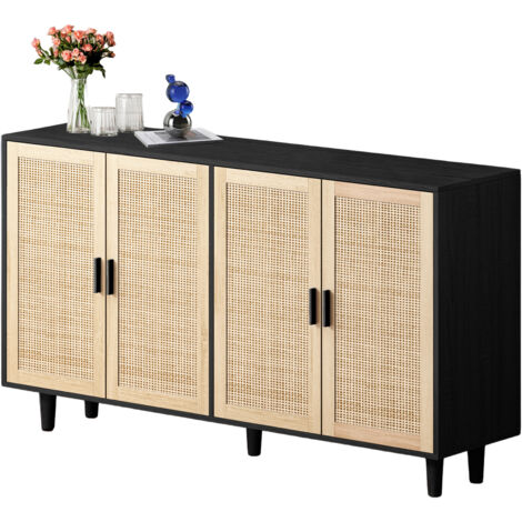 Credenza 158x40x88 cm, Funzionale in Rattan, 4 Ante, Elegante, Legno, Nero, per Camera, Soggiorno o Ufficio