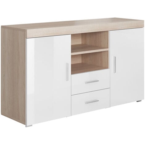 Credenza 2 ante e 2 Cassetti  Madia Moderna  Mobile  Sala da Pranzo  140x80x40cm  Modello Roque  Sonoma Opaco e Bianco Finitura Lucida