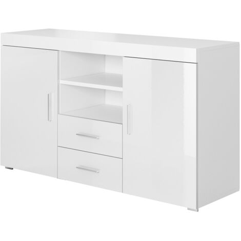 Credenza 2 ante e 2 Cassetti  Madia Moderna  Mobiletto  Sala da Pranza  Buffet  Cucina  140x80x40cm  Modello Roque  Bianco Finitura Lucida