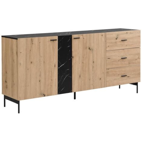 Credenza 2 ante e 3 cassetti MDF e metallo Naturale chiaro ed Effetto marmo nero - LIOMENA di PASCAL MORABITO