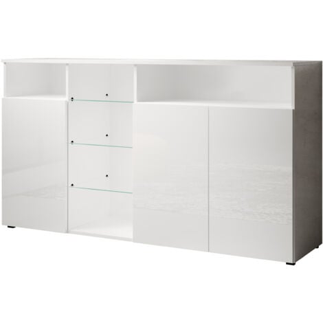 LETTIEMOBILI Credenza 3 ante con LED Madia Moderna Mobile soggiorno Sala da Pranzo 150x82x40cm Modello Clark L Bianco Finitura Lucida