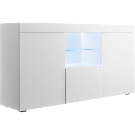 Credenza 3 ante con LED  Madia Moderna  Mobile soggiorno  Sala da Pranzo  150x83x40cm  Modello Natolia  Bianco Finitura Opaca