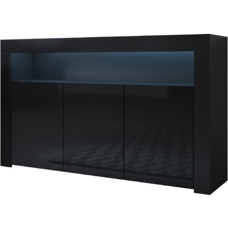 MUEBLES BONITOS Credenza 3 ante con LED Madia Moderna Soggiorno Mobiletto Sala da Pranza Buffet Cucina 155x91x37cm Modello Aker Nero Finitura Lucida