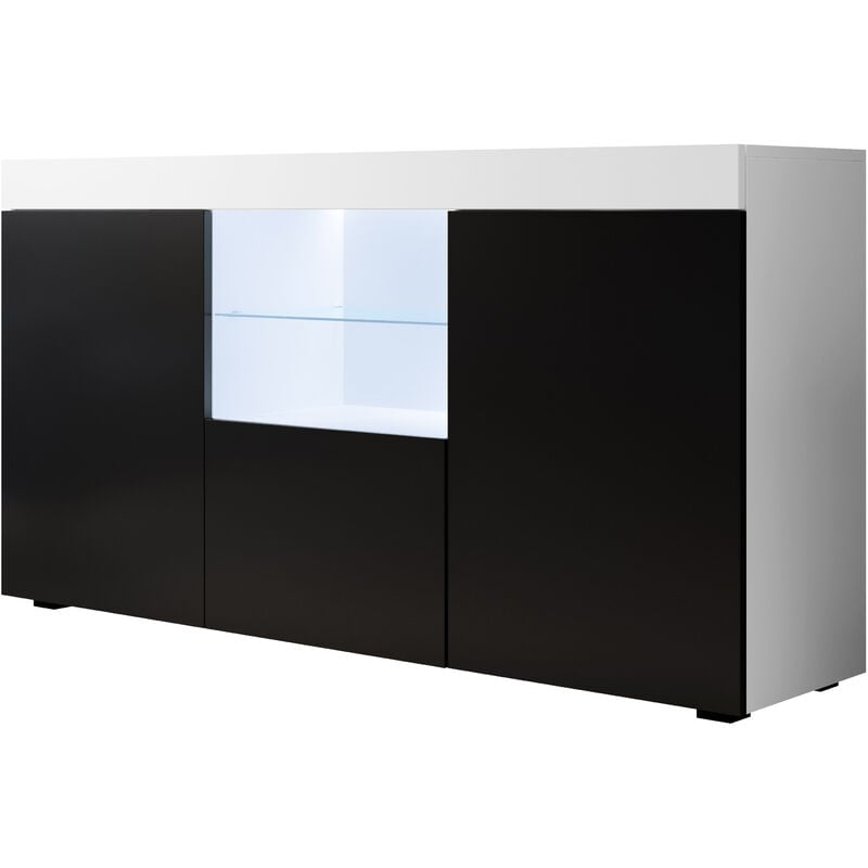 Credenza 3 ante con LED Madia Moderna Mobile soggiorno Sala da Pranzo 150x83x40cm Modello Natolia Bianco e Nero Finitura Opaca