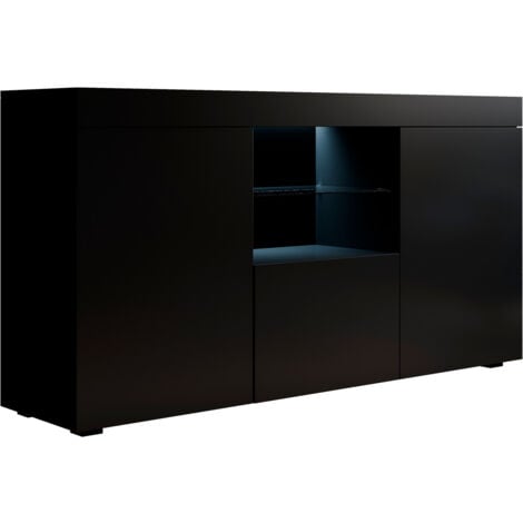 Credenza 3 ante con LED  Madia Moderna Soggiorno  Mobiletto  Sala da Pranza  Buffet  Cucina  150x83x40cm  Modello Natolia  Nero Finitura Opaca
