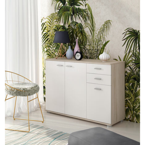 Credenza 3 Ante E 2 Cassetti, Credenza Soggiorno Cucina, Madia Moderna Multi Spazio, Mobile Credenza in Legno, Itaca 103 X 70 x 35 Cm , Colore Bianco e Rovere