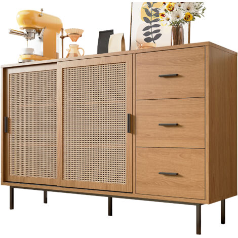 Credenza 37x140x91 cm, Cassetti Scorrevoli, Capacità Organizzata, Pannello Truciolare, Naturale, Per Soggiorno e Cucine