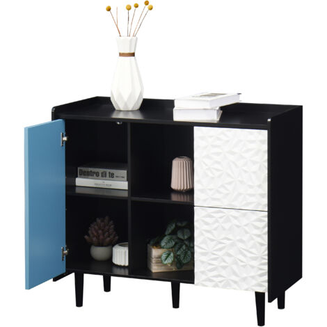 Credenza 40x90x80 cm, Struttura Solida, 2 Cassetti, Ripiani Aperti, MDF, Nero e Blu, per Cucina e Soggiorno