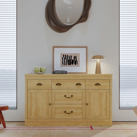 Credenza - 5 cassetti e 2 ante in legno chiaro effetto rovere - Stile rustico e naturale - 135x39,8x80 cm - Contenitore multiuso - Rovere