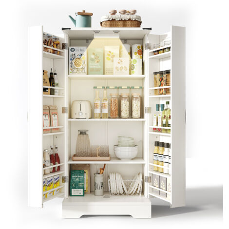Credenza 60x35x128.5 cm LED interno ripiani removibili, moderno mobile da cucina, MDF, bianco​ per Sala da pranzo