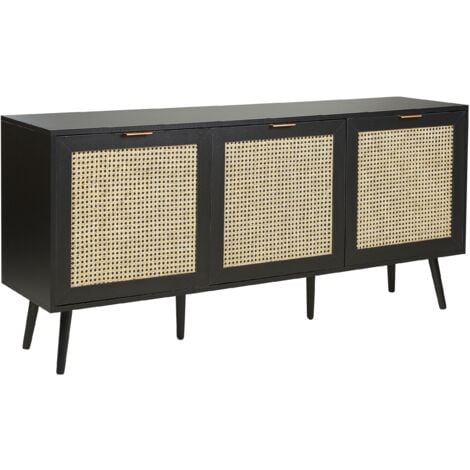 Credenza a 3 ante con fronti in rattan MDF nero Gambe in legno di caucciù Mobile in stile boho Soggiorno nero Opoco