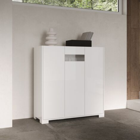 Credenza a 3 ante ROJAS Bianco Lucido con inserto in vetro Fume' 103x110 cm
