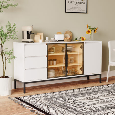 Credenza a 3 cassetti e 2 ante con piano di lavoro, mobile contenitore in truciolare, bianco, per cucina e sala da pranzo, 160×40×80 cm