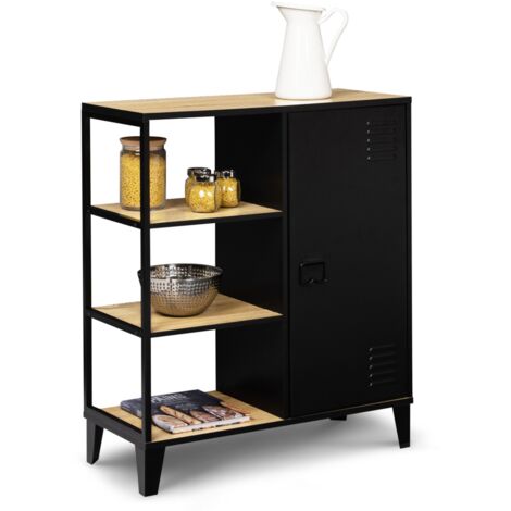 Credenza a 3 ripiani con armadietto in metallo nero e piano in legno 70 cm ESTER industrial design