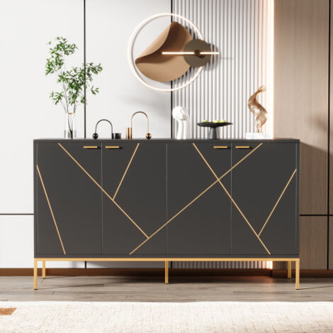 Credenza a 4 ante, credenza nera con decoro in metallo e gambe in metallo, 80x150x40 cm