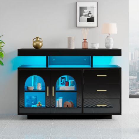 Credenza a LED 120x40x80cm ampio spazio di stoccaggio, USB controllo app, mobile da cucina MDF nero per soggiorno