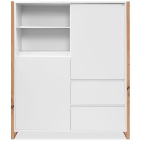 Credenza alta a 2 ante e 3 cassetti L120 cm - Decorazione legno chiaro