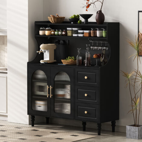 Credenza Alta da Cucina con 3 Cassetti, Ripiani Regolabili, Presa, USB e Portabicchieri, in MDF, 120x40x138.5 cm, Nero