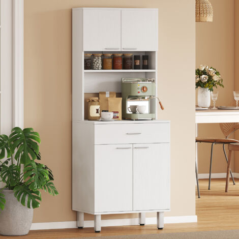 Credenza Alta da Cucina, Madia Classica Bianca in Legno con 2 Armadietti e 1 Mensola, Bianco, 60x40x160cm