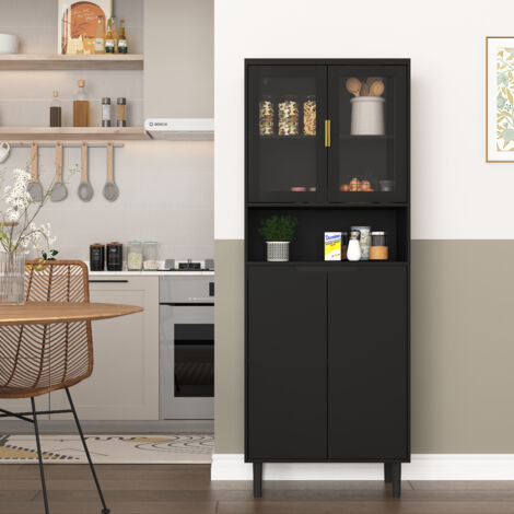 Credenza alta in MDF nero con 4 ante, 2 ante in vetro temperato e ripiano regolabile, mobile contenitore multiuso