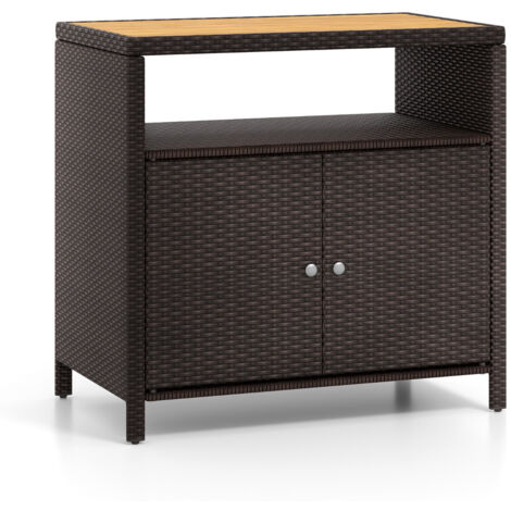 Credenza  Armadietto portaoggetti rattan piano legno acacia mobile buffet esterni 2 ante Marrone