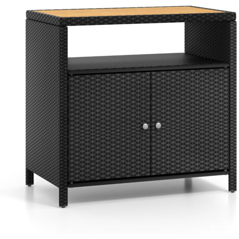Credenza  Armadietto portaoggetti rattan piano legno acacia mobile buffet esterni 2 ante Nero