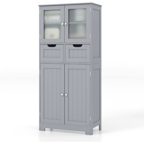 Credenza  Armadio terra 4 ante 2 cassetti ripiani regolabili mobile bagno indipendente multifunzionale Grigio