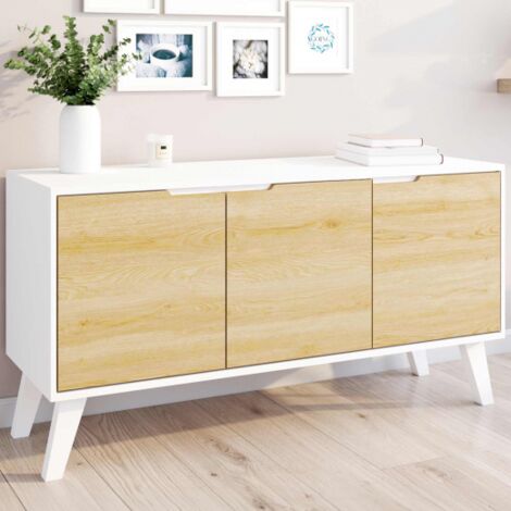 IDMARKET Credenza bassa scandinava 113 cm FINN bianco 3 ante effetto faggio