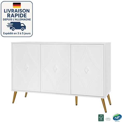 Credenza bianca - 120 cm - elegante motivo a rombi - con incisione 3D - 3 ante, gambe dorate