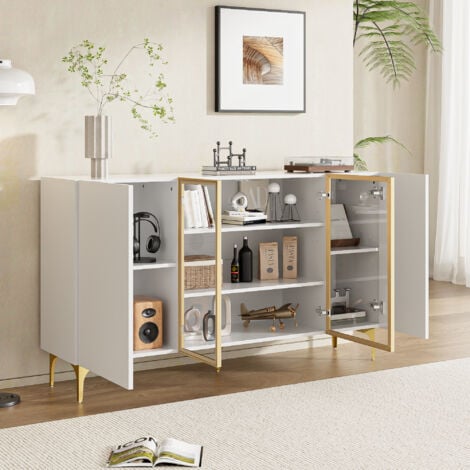 Credenza bianca 150×38×85cm con 4 ante, cornice dorata, mobile cucina soggiorno, mobile contenitore, MDF