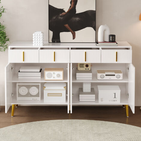 Credenza bianca, 4 ante, 4 cassetti, ripiani estraibili, contenitore, 140x37,8x82 cm