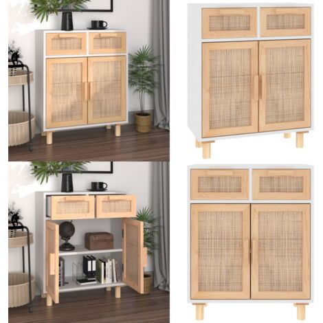 Credenza Bianca 60x30x75 cm Legno Massello Pino Rattan Naturale - Credenza con cassetti - Credenza con scomparti