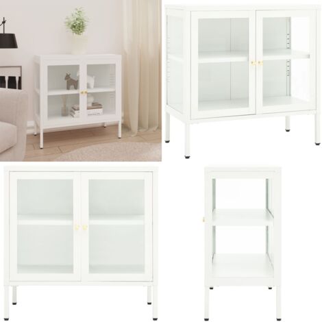 Credenza Bianca 70x35x70 cm in Acciaio e Vetro - Credenza bianca - Credenza con ante in vetro