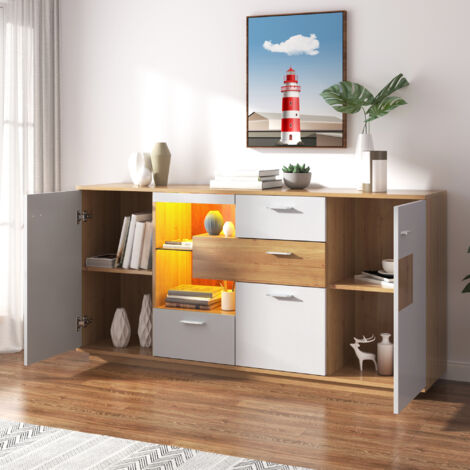 Credenza buffet 160x40x77cm con 2 ante e 4 cassetti, mobiletto, mobile da cucina, MDF+vetro, colore bianco+naturale