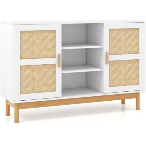 Credenza buffet cabinet da 120cm, Armadio da pavimento con 2 porte intrecciate in bambù 3 ripiani aperti Bianco
