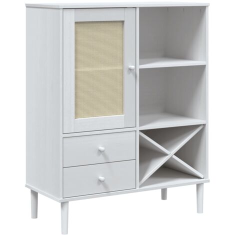 Credenza buffet cassettiera mobile contenitore organizer cucina soggiorno soggiorno effetto rattan 90 x 40 x 112 cm legno massello di pino bianco 020036228